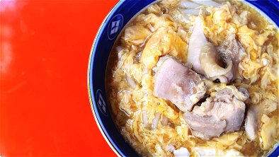 Thick White Noodles with Chicken & Creamy Egg Soy Sauce Soup
